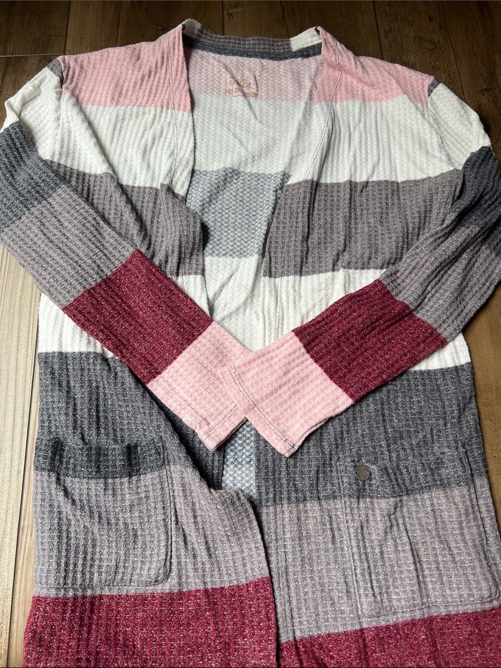 Justice Striped Open-Front Cardigan in Pink, Gray & Burgundy